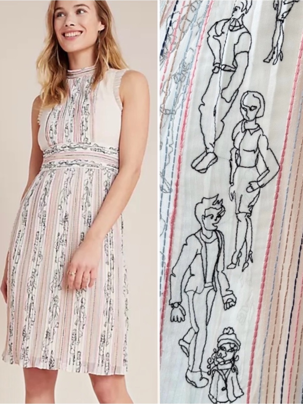 Anthropologie Geisha Designs Renoir Striped Embroidered Pink Dress 4 S